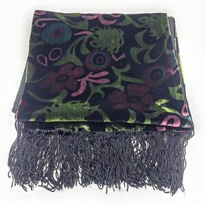 Swee Lo Black Multicolor Velvet Silk Blend Fringed Oblong Scarf